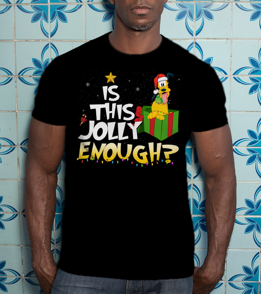 Is This Jolly Enough Pluto Christmas Star Santa Hat Present Lights T-Shirt