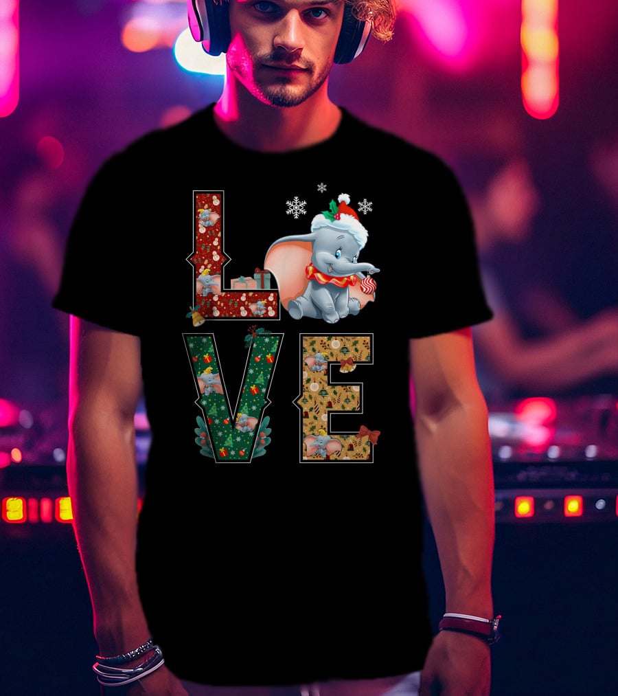 Love Dumbo Christmas Holiday Snowflakes Santa Hat Candy Cane T-Shirt
