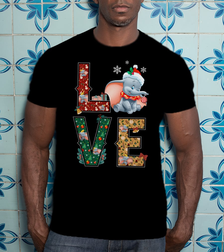 Love Dumbo Christmas Holiday Snowflakes Santa Hat Candy Cane T-Shirt