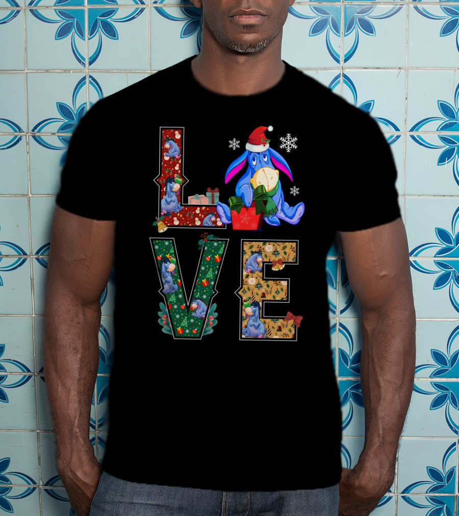Eeyore Christmas Love Santa Hat Snowflakes T-Shirt