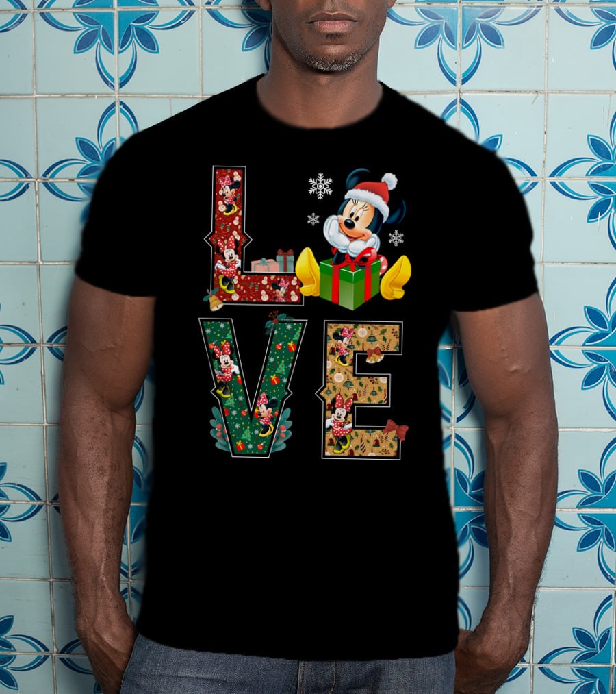 Minnie Christmas Love Santa Hat Holiday Gifts Snowflakes T-Shirt