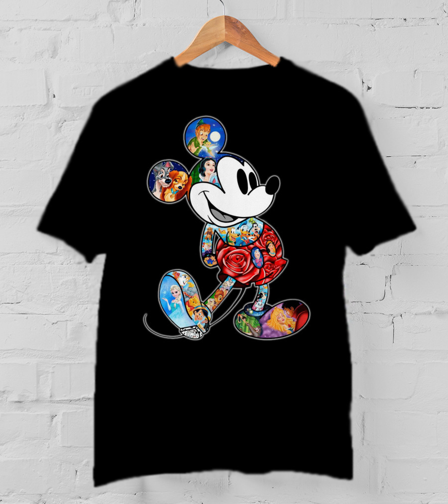 Mickey Mouse Collage Featuring Classic Disney Characters T-Shirt