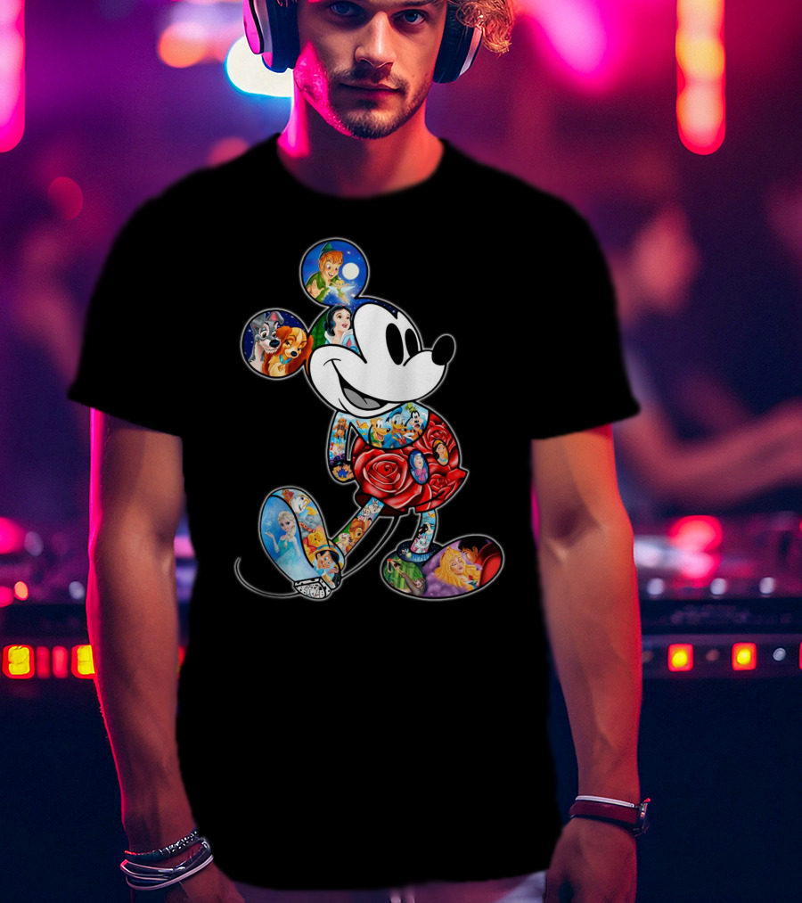 Mickey Mouse Collage Featuring Classic Disney Characters T-Shirt