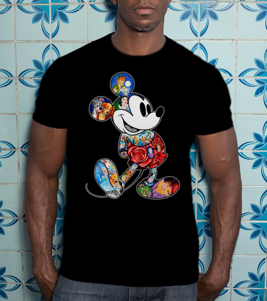 Mickey Mouse Collage Featuring Classic Disney Characters T-Shirt