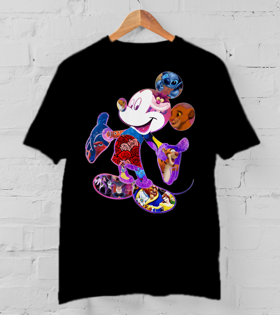 Mickey Mouse Collage Featuring Disney Characters From Lilo & Stitch The Lion King Finding Nemo Winnie The Pooh The Little Mermaid Beauty And The Beast T-Shirt