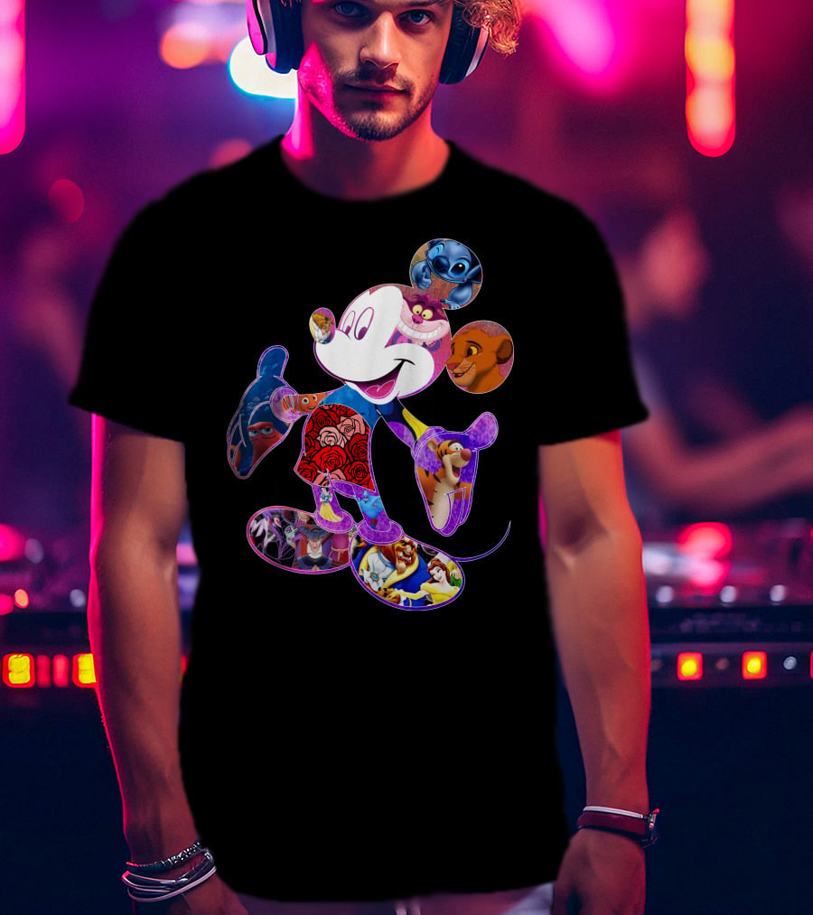 Mickey Mouse Collage Featuring Disney Characters From Lilo & Stitch The Lion King Finding Nemo Winnie The Pooh The Little Mermaid Beauty And The Beast T-Shirt