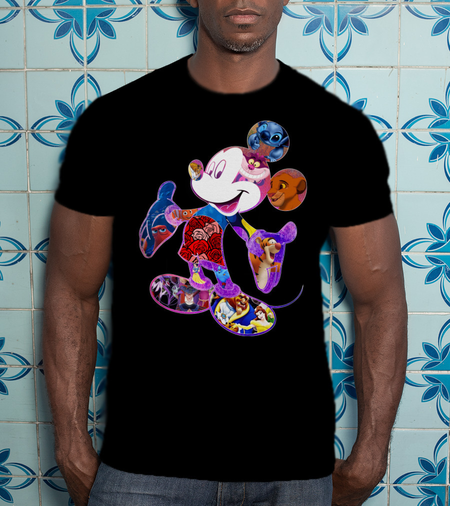 Mickey Mouse Collage Featuring Disney Characters From Lilo & Stitch The Lion King Finding Nemo Winnie The Pooh The Little Mermaid Beauty And The Beast T-Shirt