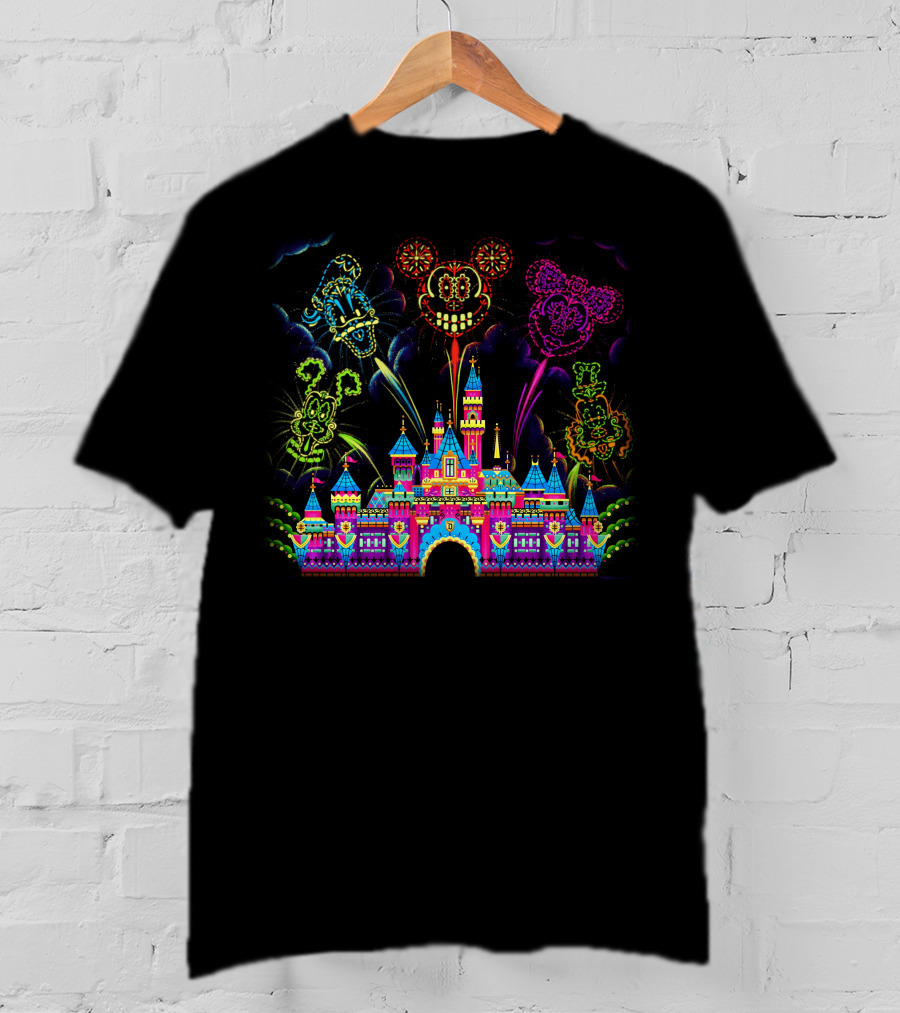 Disney Neon Fireworks Castle Mickey Minnie Goofy T-Shirt