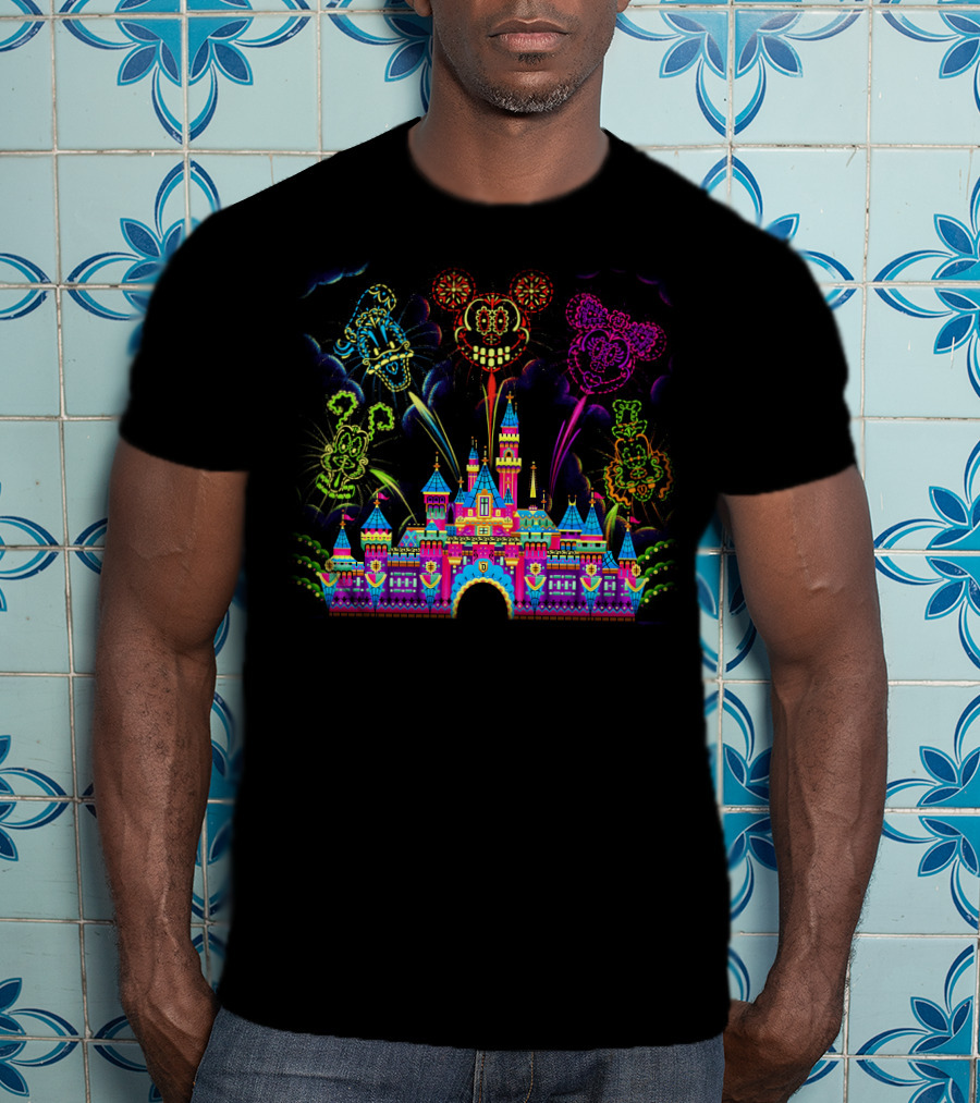 Disney Neon Fireworks Castle Mickey Minnie Goofy T-Shirt