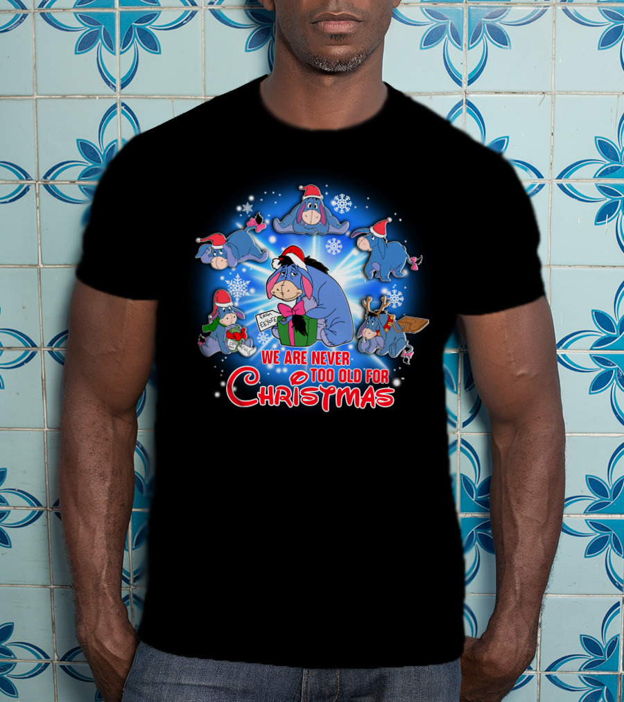 We Are Never Too Old For Christmas Eeyore Santa Hat Snowflakes T-Shirt