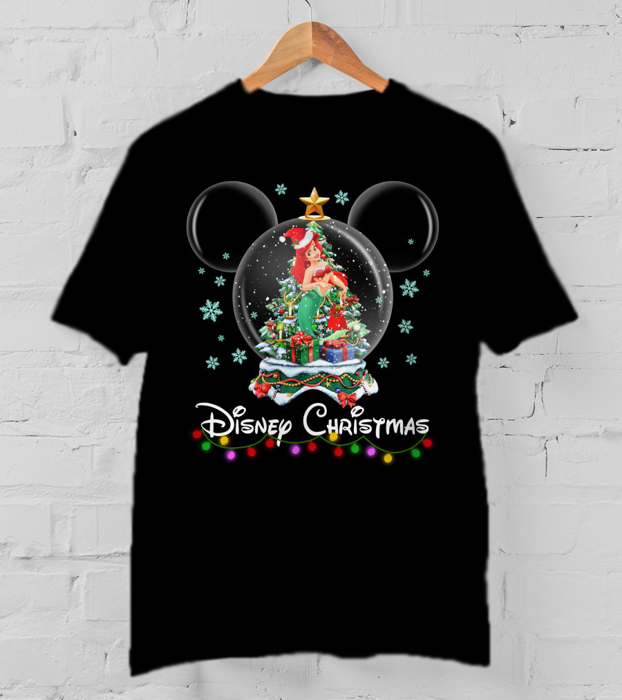 Disney Christmas Ariel Snow Globe Mickey Ears T-Shirt