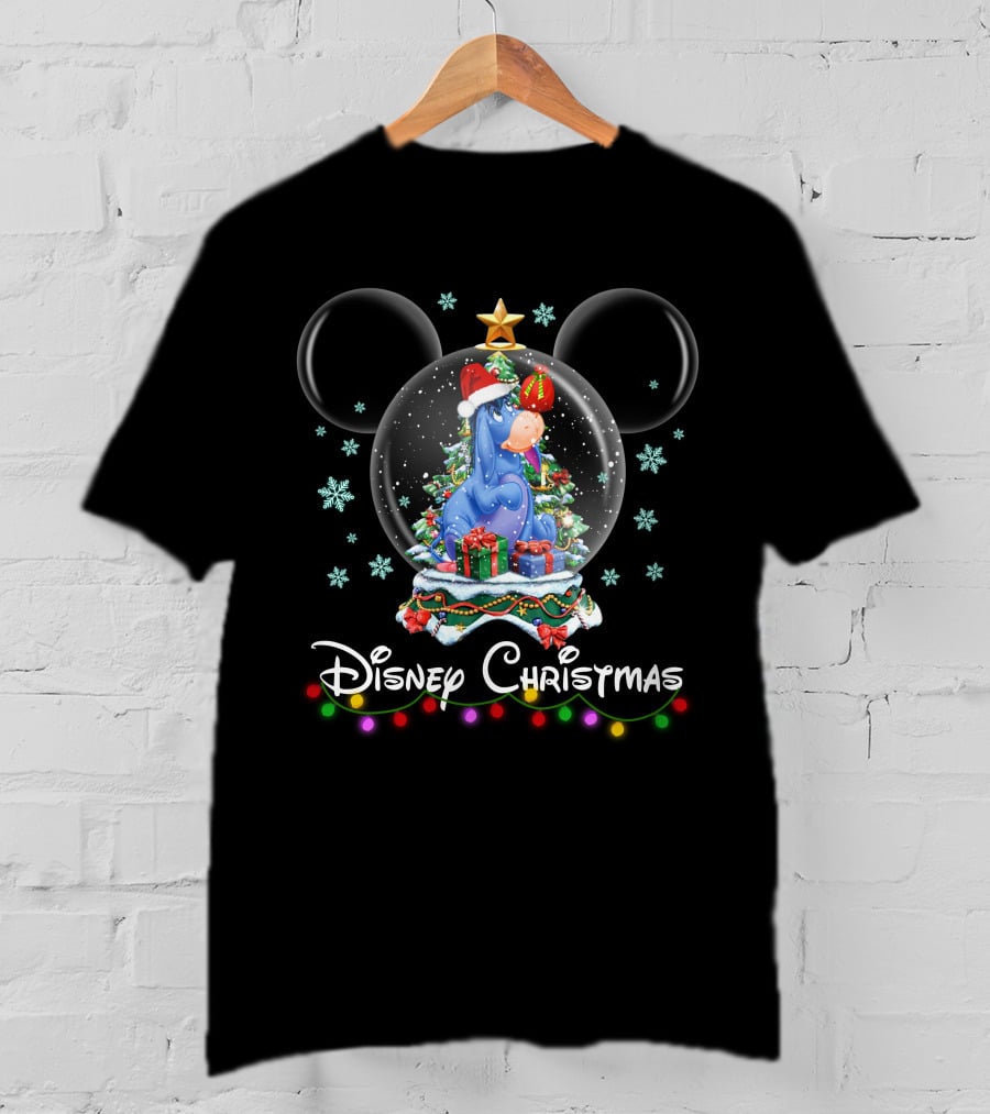 Disney Christmas Eeyore Snow Globe Mickey Ears Santa Hat T-Shirt