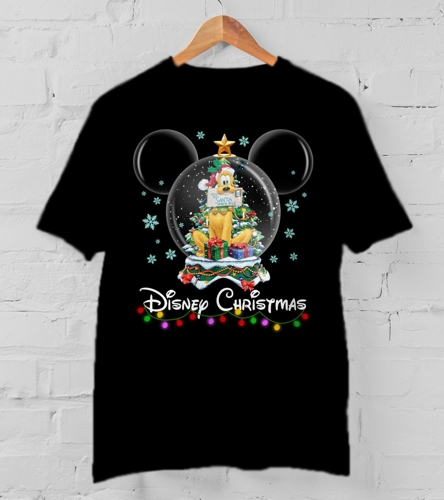 Disney Christmas Pluto Snow Globe Santa Nice List T-Shirt