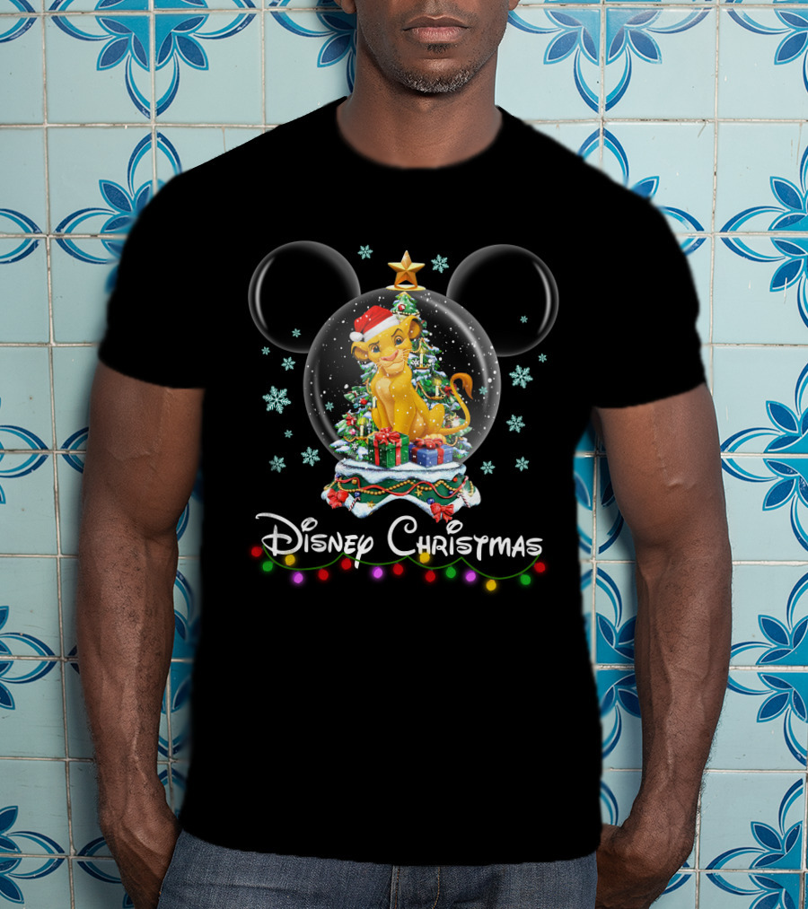 Disney Christmas Simba Snow Globe With Presents And Christmas Tree T-Shirt