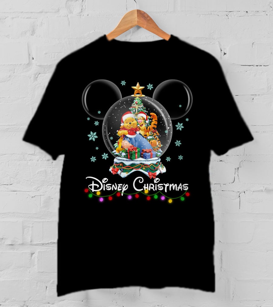 Disney Christmas Winnie The Pooh Snow Globe With Mickey Ears T-Shirt
