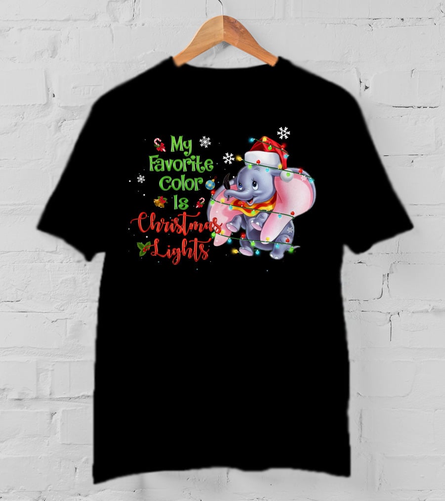 My Favorite Color Is Christmas Lights Dumbo Elephant Santa Hat Snowflakes Garland T-Shirt