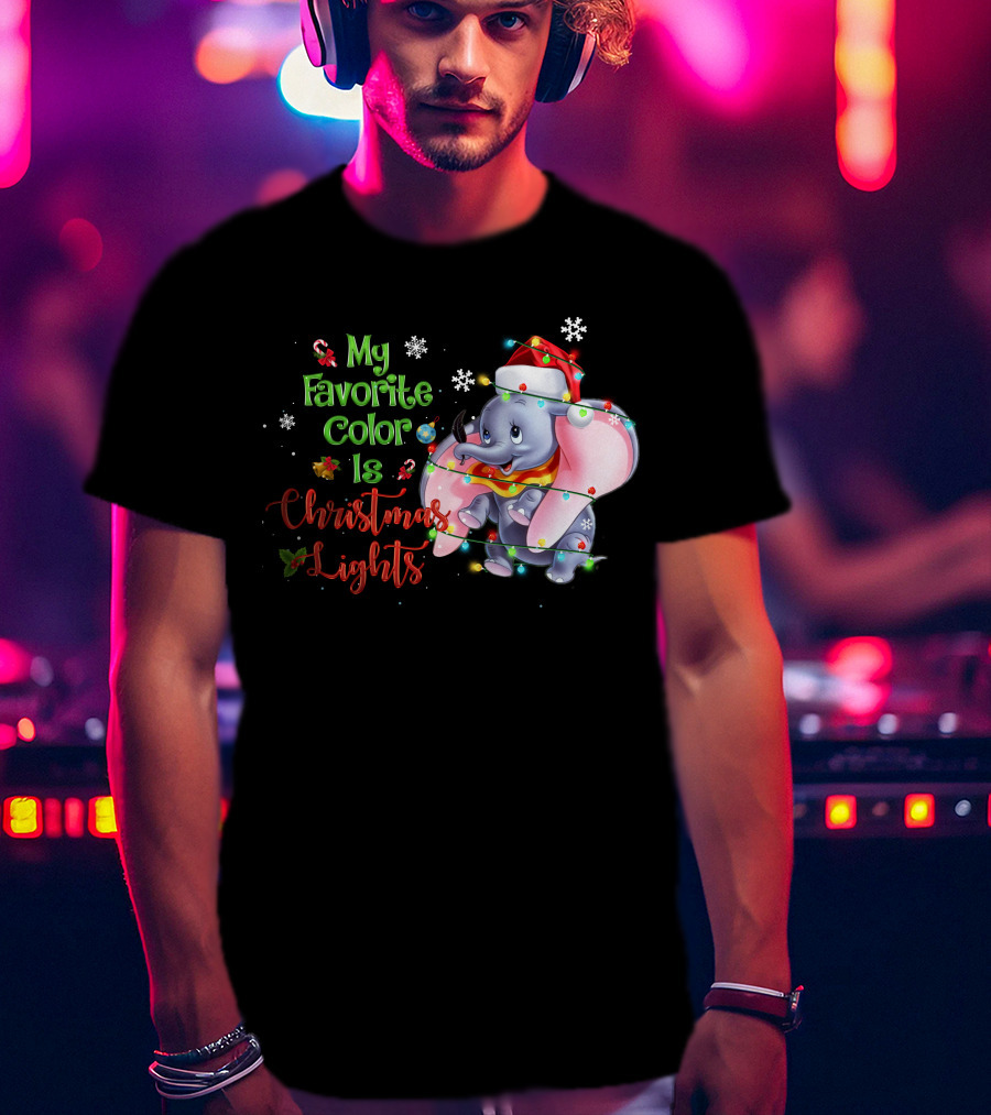 My Favorite Color Is Christmas Lights Dumbo Elephant Santa Hat Snowflakes Garland T-Shirt