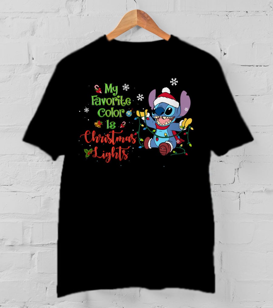 My Favorite Color Is Christmas Lights Stitch Holiday Lights Snowflakes Santa Hat T-Shirt
