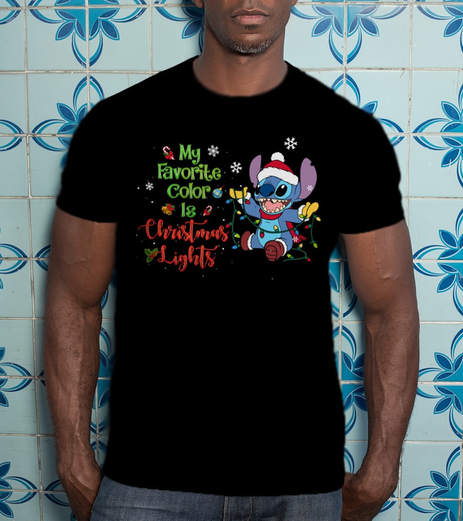 My Favorite Color Is Christmas Lights Stitch Holiday Lights Snowflakes Santa Hat T-Shirt