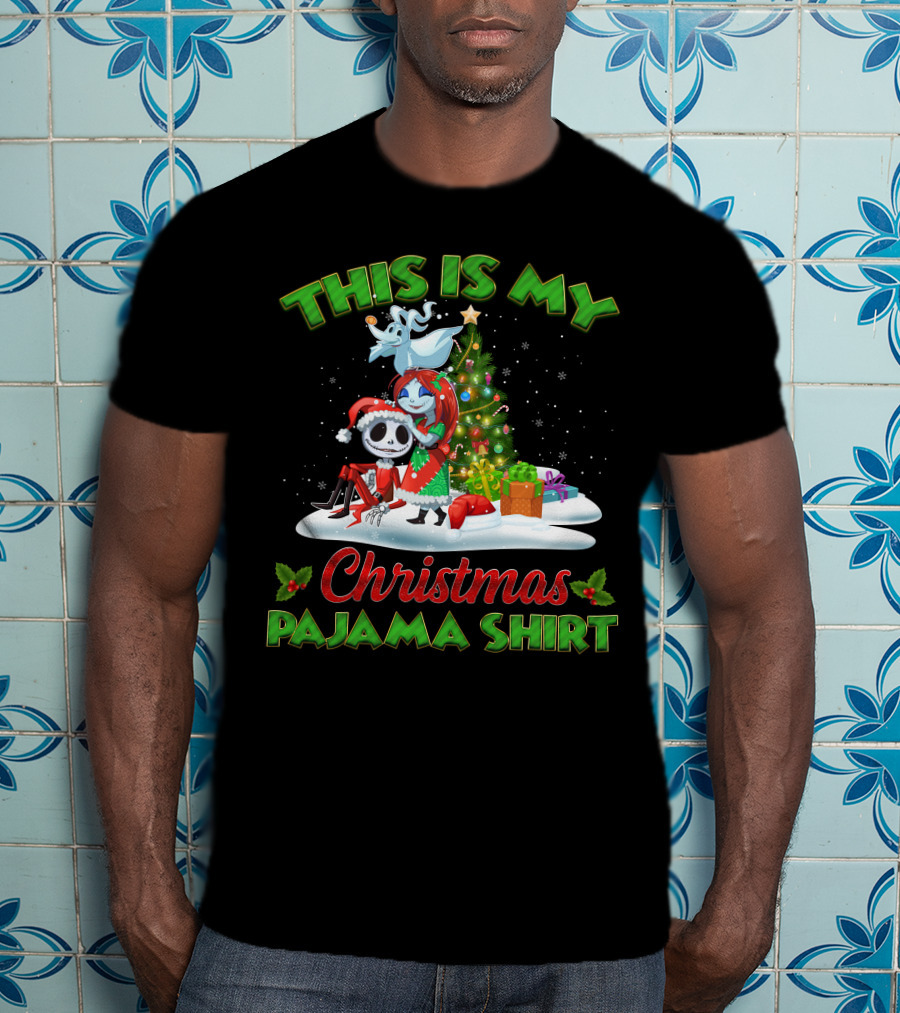 This Is My Christmas Pajama Shirt Jack Skellington And Sally Holiday Tree Scene T-Shirt