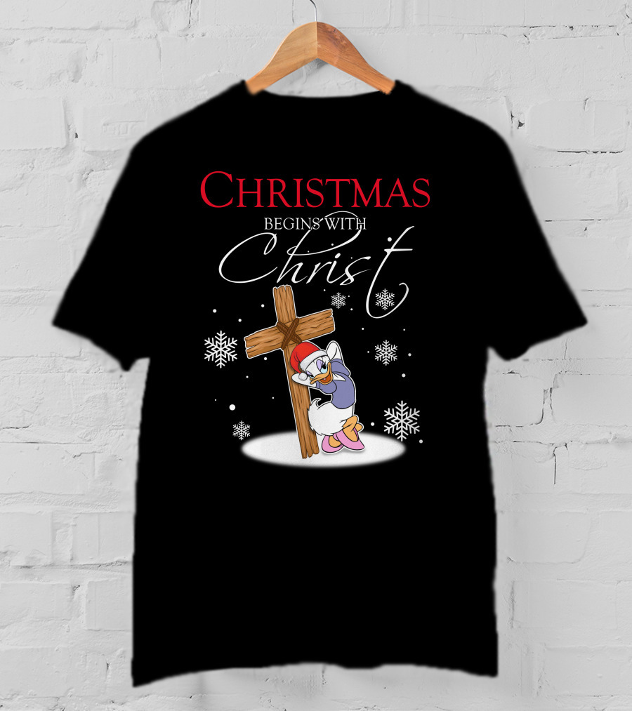 Christmas Begins With Christ Daisy With Cross And Snowflakes T-Shirt