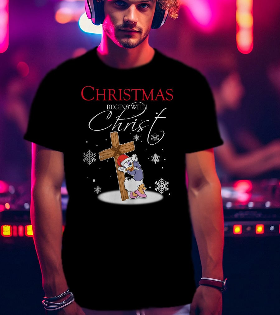Christmas Begins With Christ Daisy With Cross And Snowflakes T-Shirt