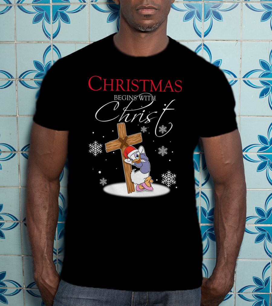 Christmas Begins With Christ Daisy With Cross And Snowflakes T-Shirt
