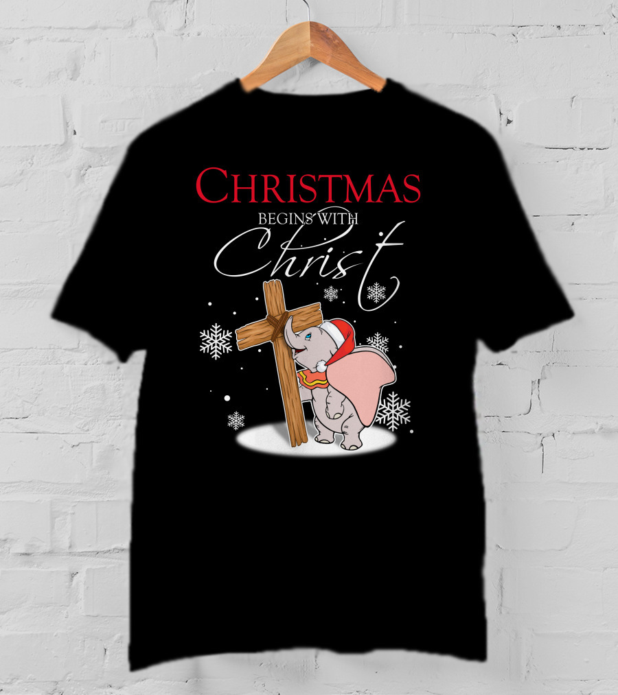 Christmas Begins With Christ Dumbo Santa Hat Cross Snowflakes T-Shirt