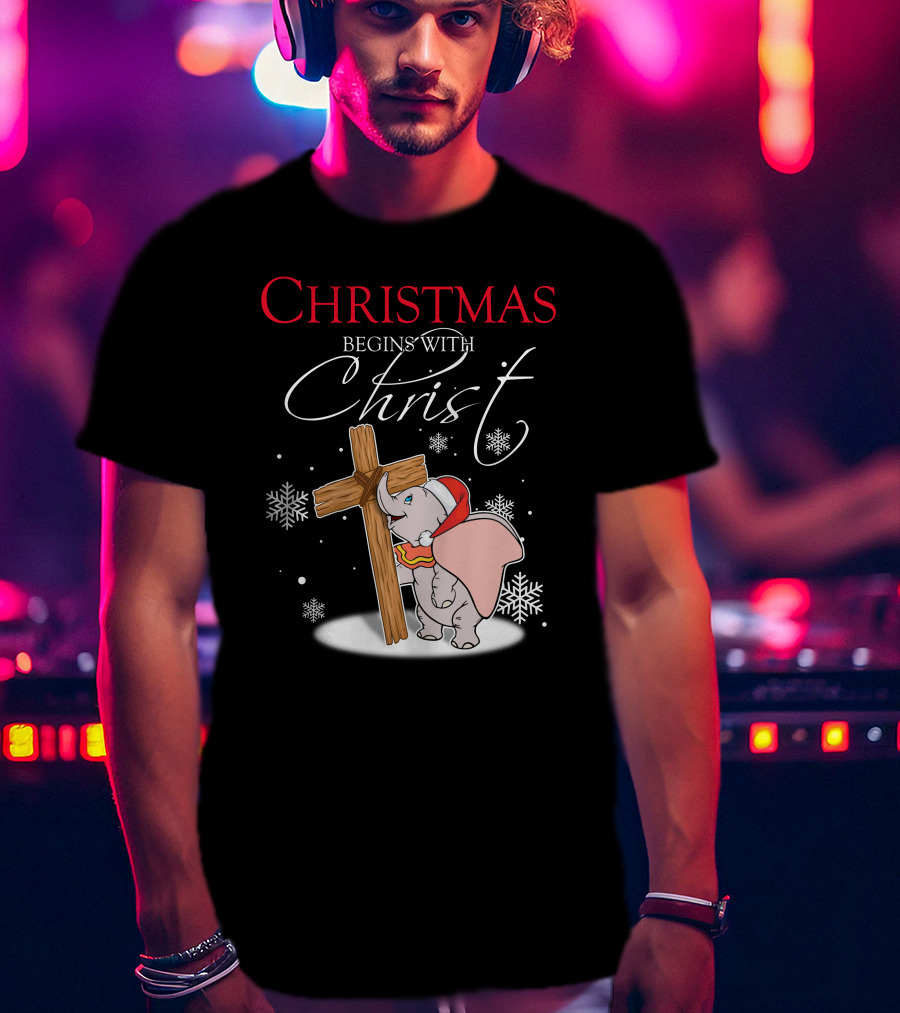 Christmas Begins With Christ Dumbo Santa Hat Cross Snowflakes T-Shirt