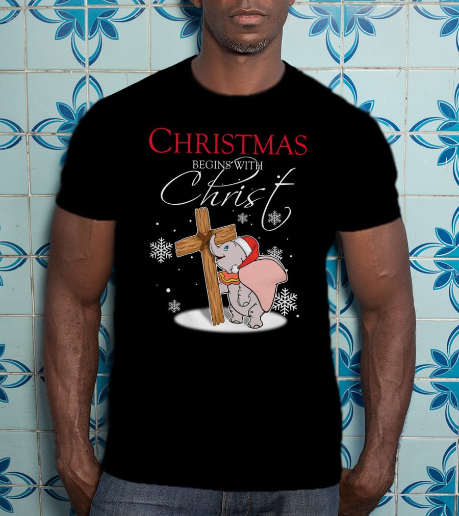 Christmas Begins With Christ Dumbo Santa Hat Cross Snowflakes T-Shirt