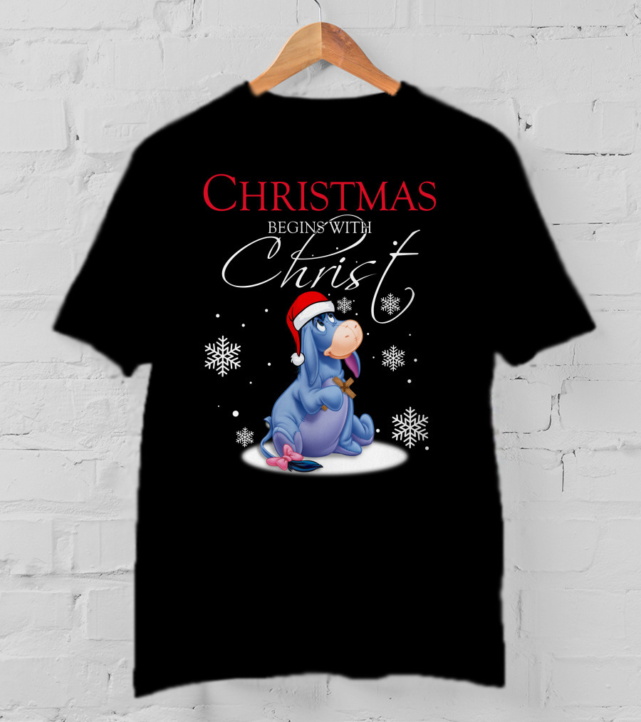 Christmas Begins With Christ Eeyore Santa Hat Snowflakes T-Shirt