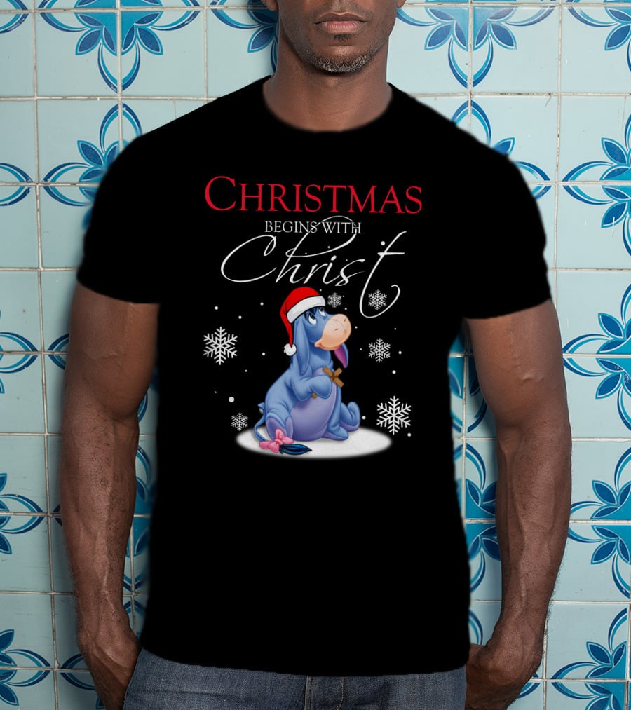Christmas Begins With Christ Eeyore Santa Hat Snowflakes T-Shirt