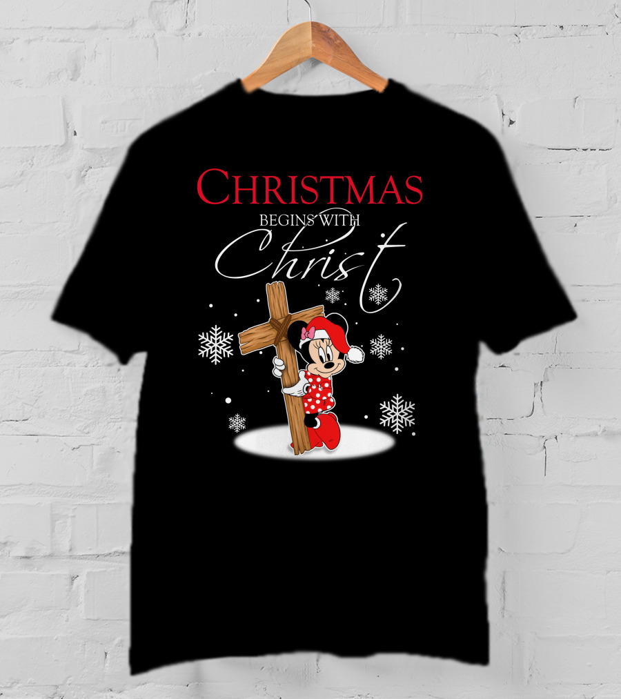 Christmas Begins With Christ Minnie Santa Hat Snowflakes T-Shirt