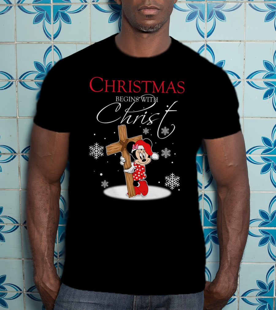 Christmas Begins With Christ Minnie Santa Hat Snowflakes T-Shirt