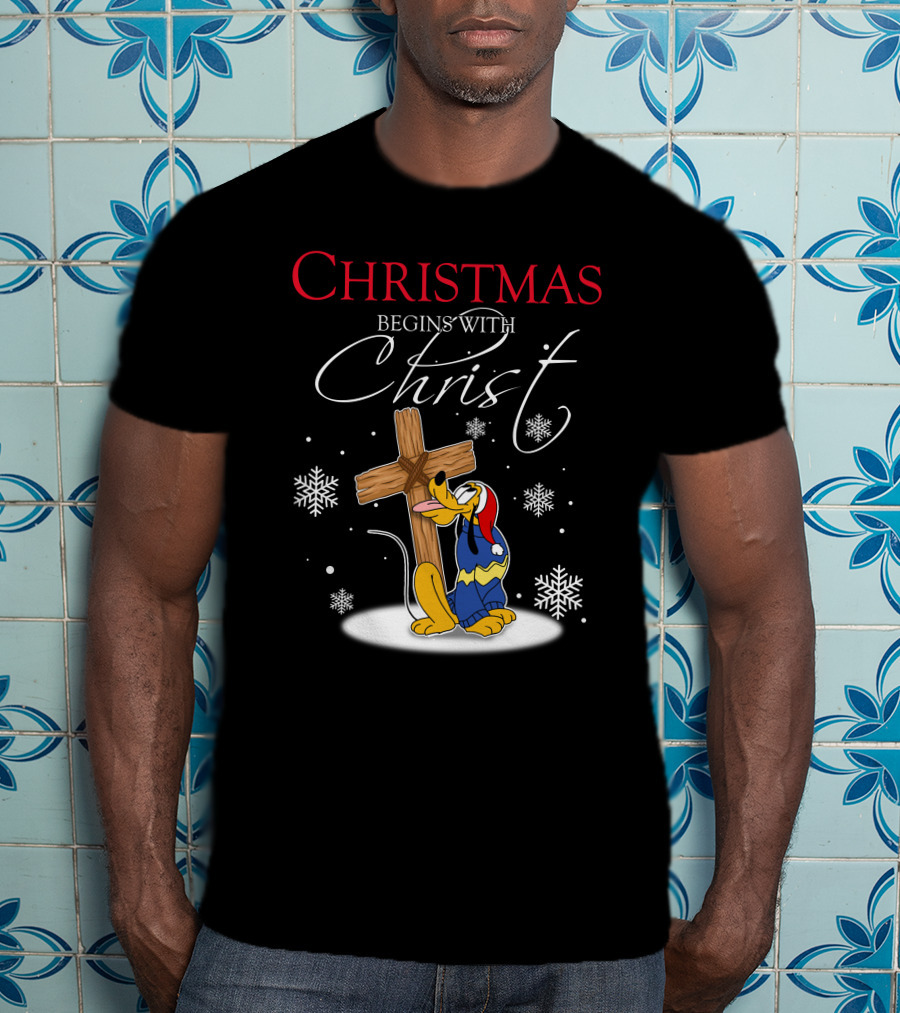Christmas Begins With Christ Pluto Snowflakes Cross T-Shirt