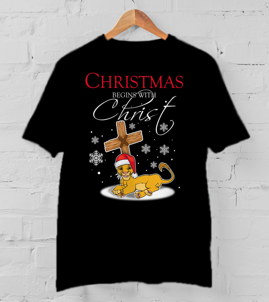 Christmas Begins With Christ Simba Snowflakes Santa Hat T-Shirt