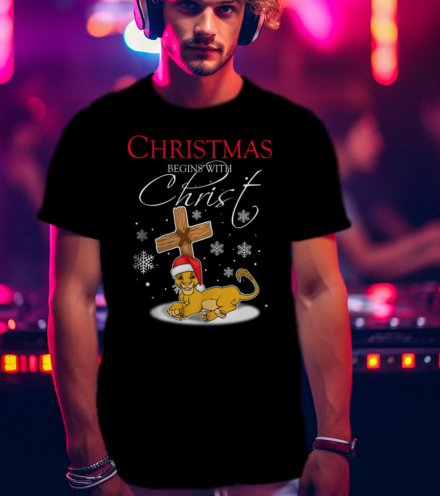 Christmas Begins With Christ Simba Snowflakes Santa Hat T-Shirt