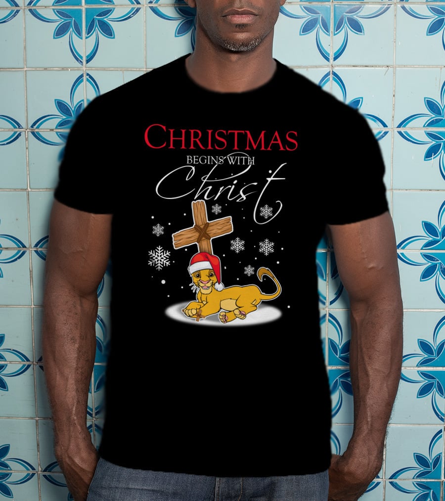 Christmas Begins With Christ Simba Snowflakes Santa Hat T-Shirt