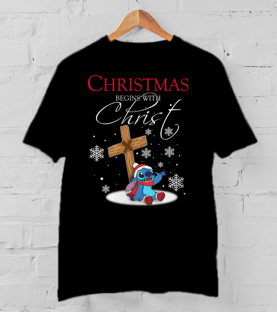 Christmas Begins With Christ Stitch Snowflakes T-Shirt