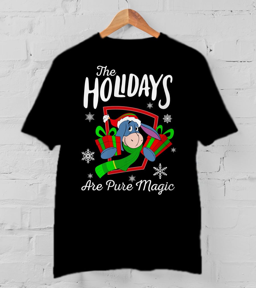 The Holidays Are Pure Magic Eeyore Wearing Santa Hat And Scarf Snowflakes And Presents T-Shirt
