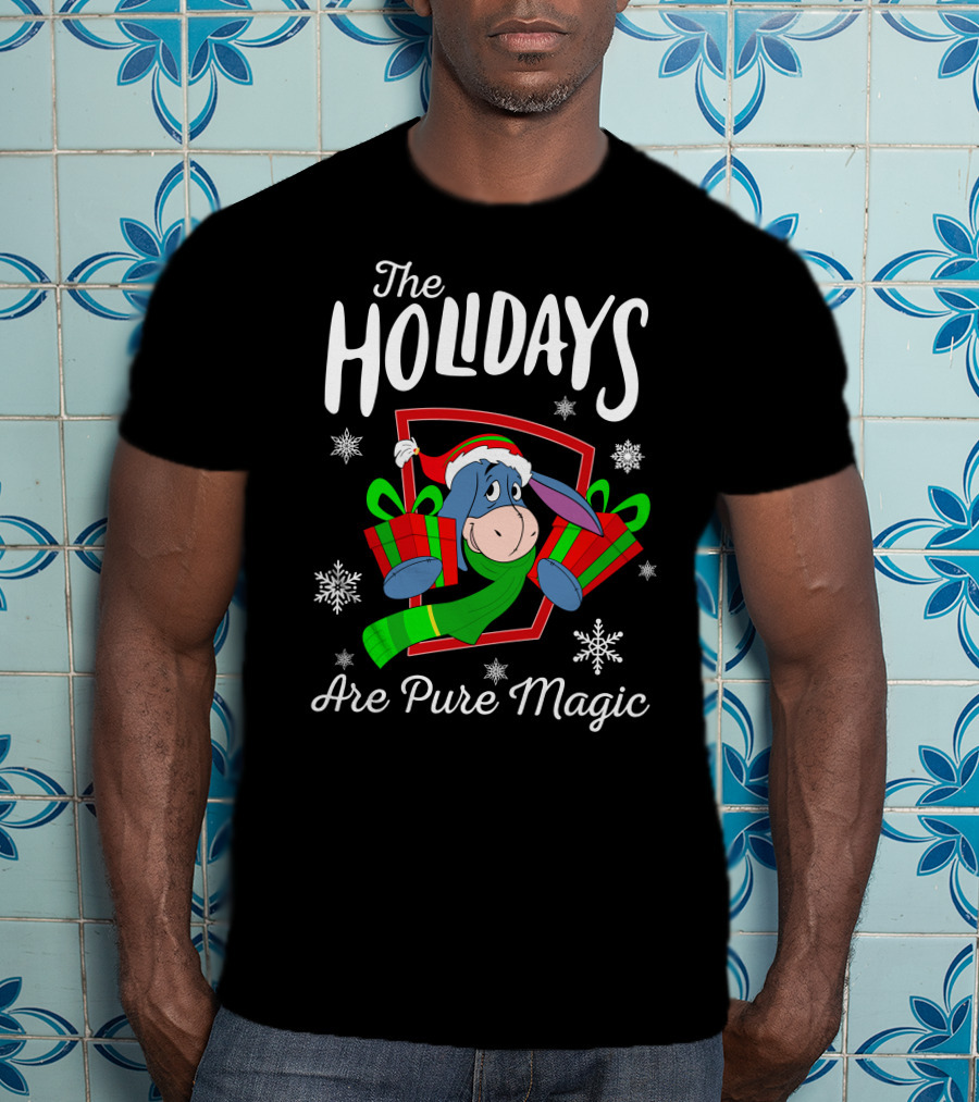 The Holidays Are Pure Magic Eeyore Wearing Santa Hat And Scarf Snowflakes And Presents T-Shirt