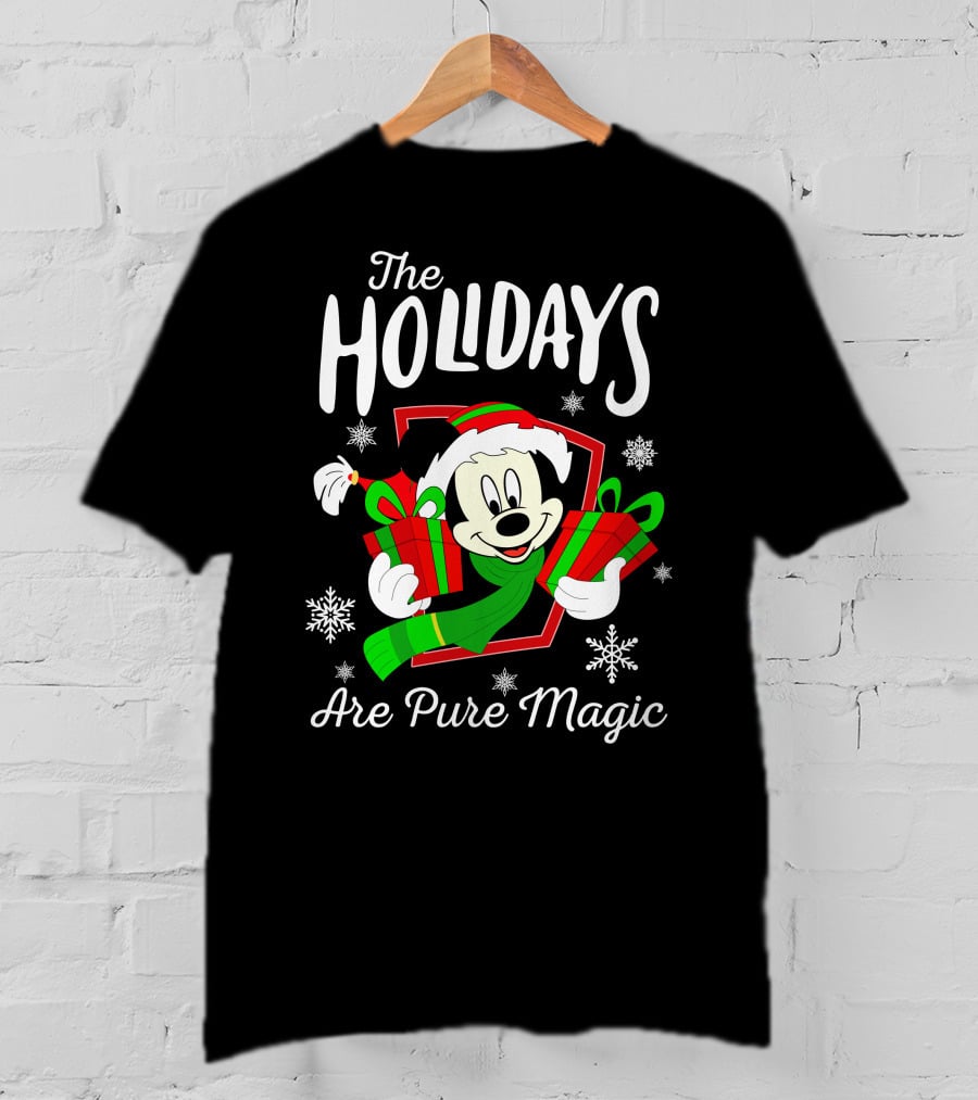 The Holidays Are Pure Magic Mickey Mouse Holding Gifts Snowflakes T-Shirt