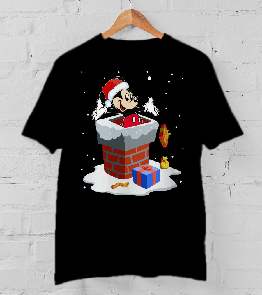 Mickey Mouse Christmas Chimney Santa Hat Snow Gifts T-Shirt