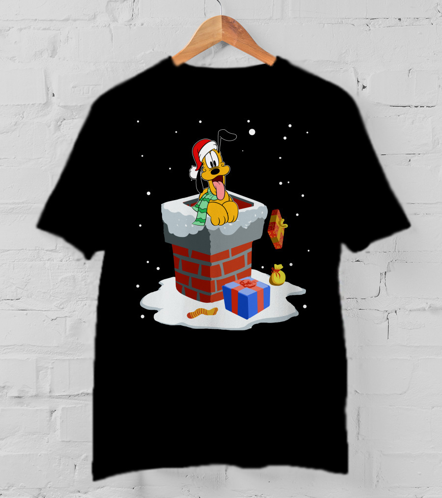 Pluto Christmas Chimney Santa Hat Holiday Scene T-Shirt