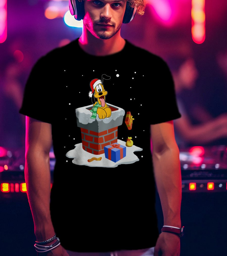 Pluto Christmas Chimney Santa Hat Holiday Scene T-Shirt