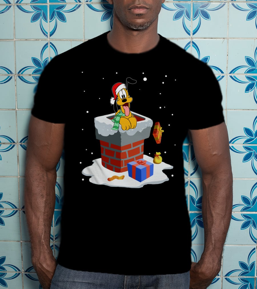 Pluto Christmas Chimney Santa Hat Holiday Scene T-Shirt