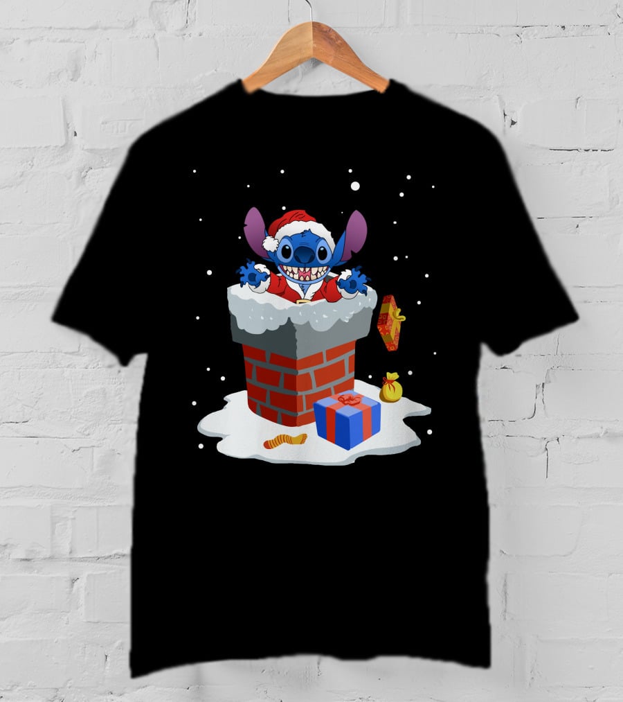 Santa Stitch Christmas Chimney Snow Scene T-Shirt