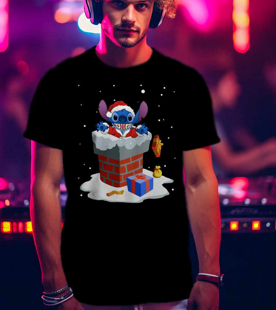 Santa Stitch Christmas Chimney Snow Scene T-Shirt