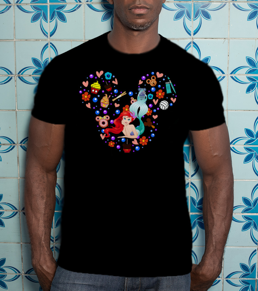 Ariel Little Mermaid Disney Happy Snacks Hearts Flowers Icons T-Shirt