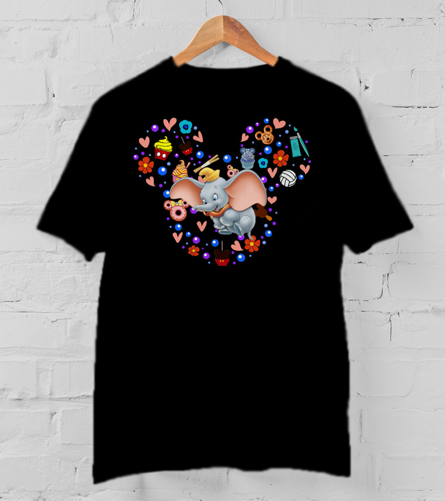 Dumbo With Mickey Mouse Icon And Colorful Desserts And Flowers T-Shirt